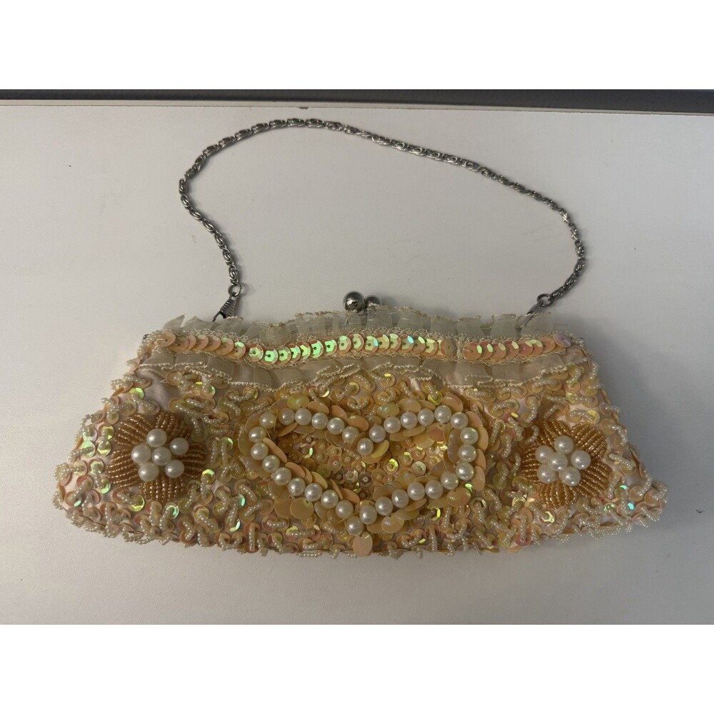 Unbranded Cream Peach Beaded Sequin Kiss Lock Convertible Clutch Handbag Purse